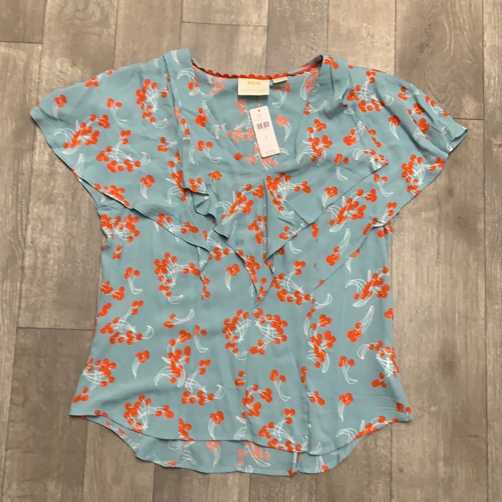 Womens Nwt Maeve By Anthropologie Ruffled Cherries V-Neck Top Shortsleeve Shirt